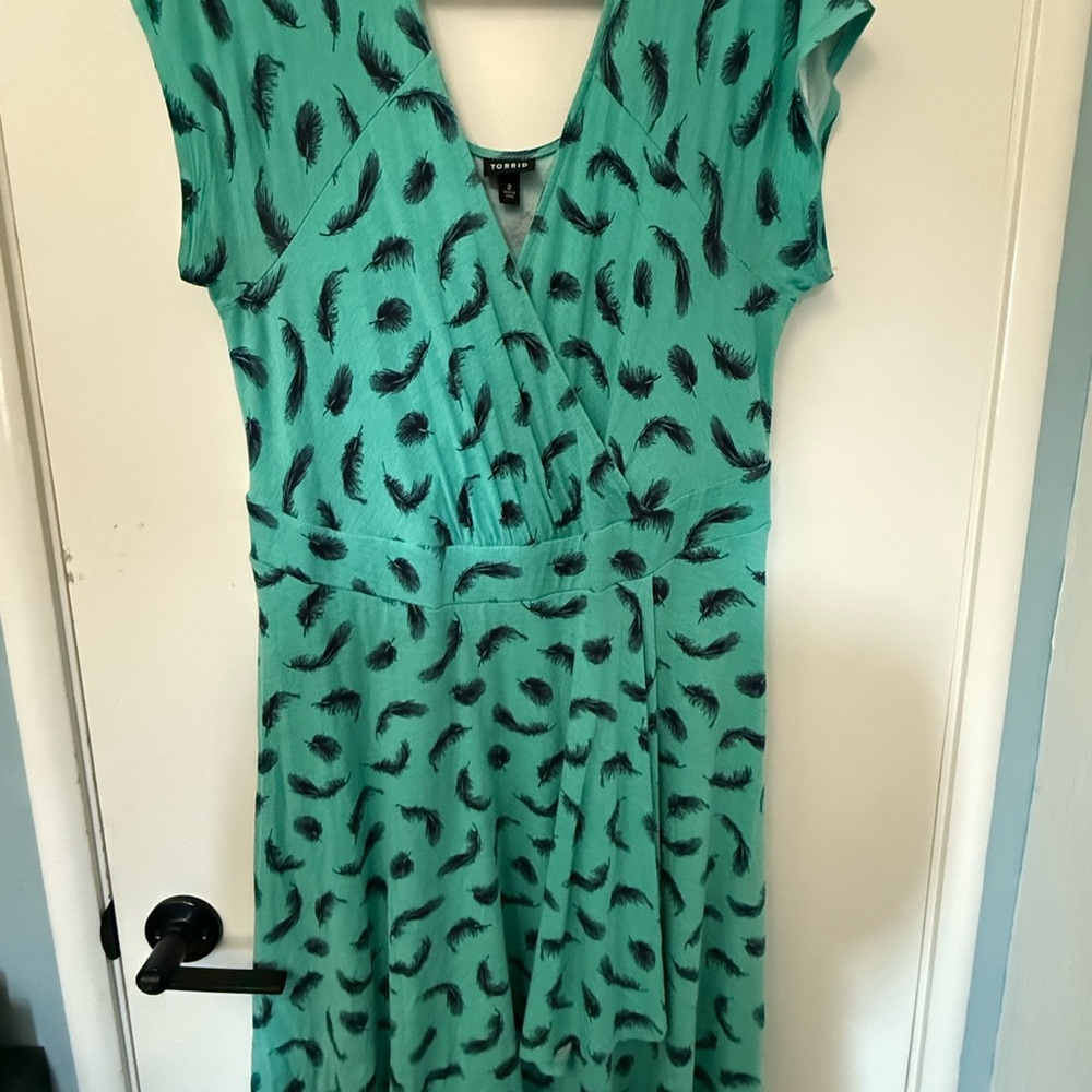 Torrid Turquoise Dress with Black Feather Design